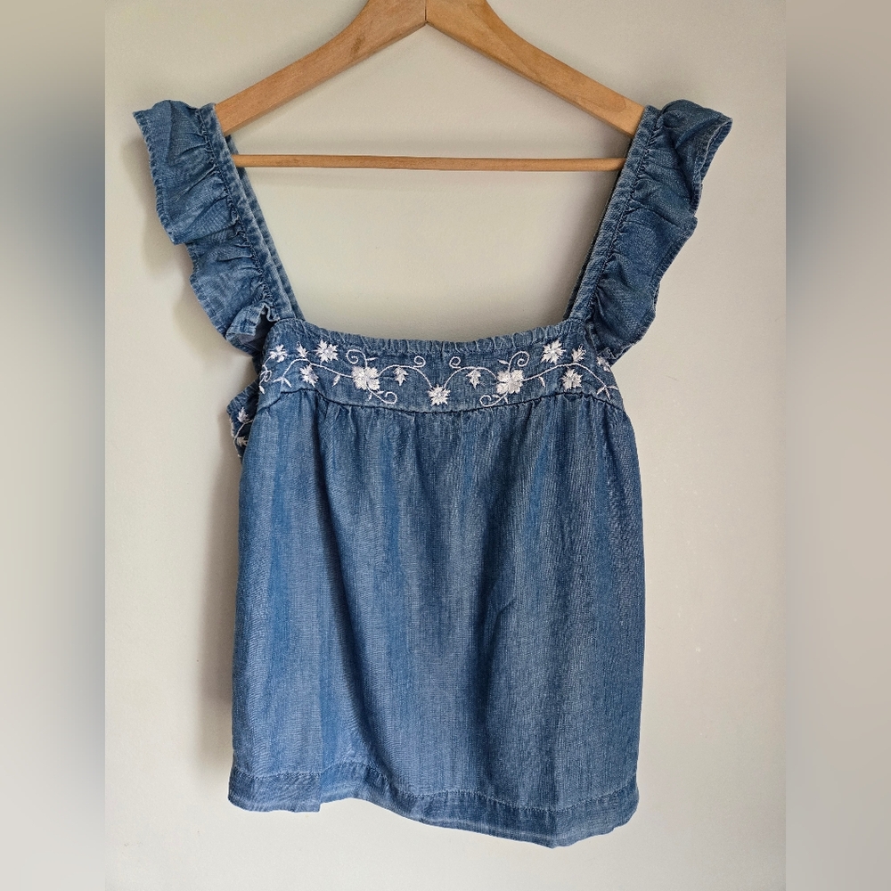 New HARPER HERITAGE Blue Tencel Ruffle Top
